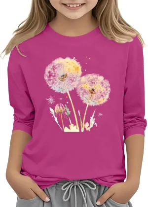 Girls Summer 3/4 Length Sleeve Tops Crew Neck Shirt Casual Athletic Tops Patterned Elbow Sleeve Blouse 3-14 Years