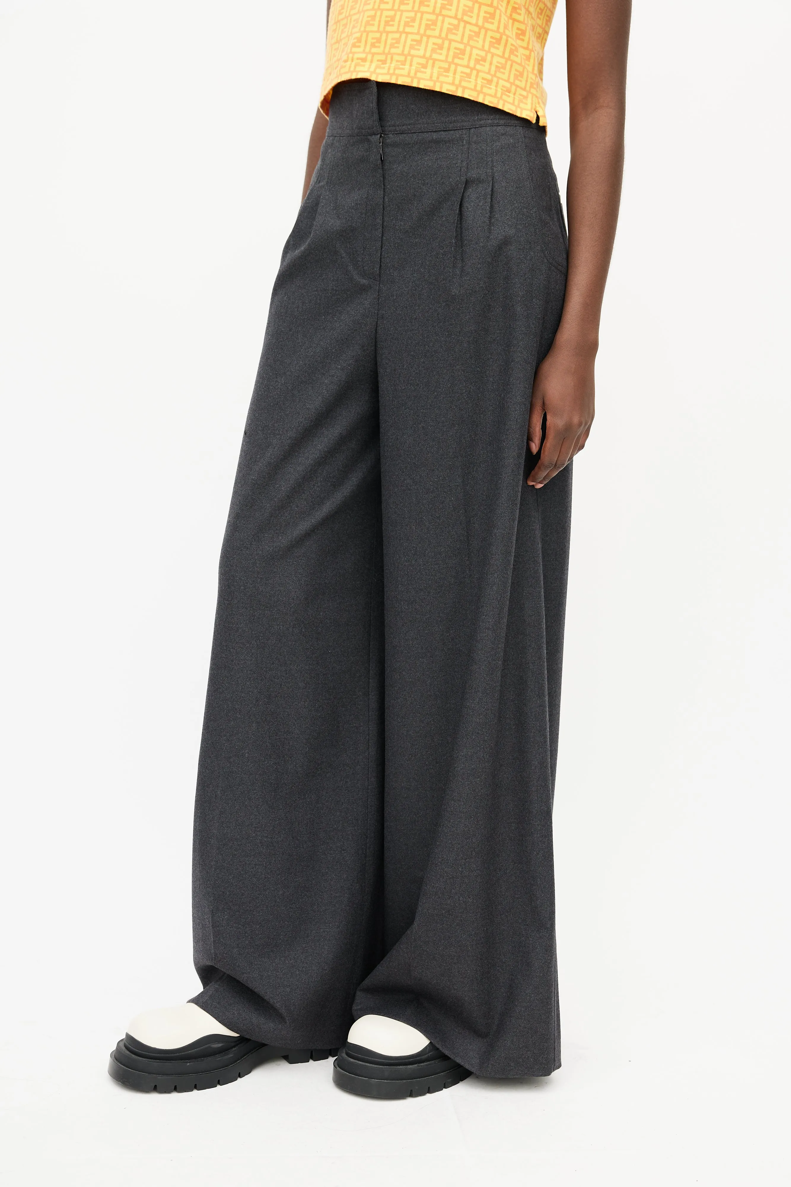 Grey Wool Wide Leg Trouser