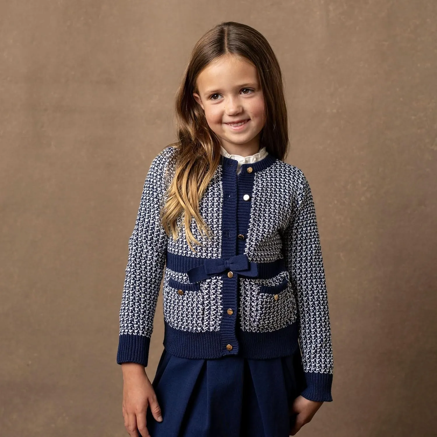 Hope & Henry Girls' Long Sleeve Fancy Cardigan Sweater with Stripe Trim