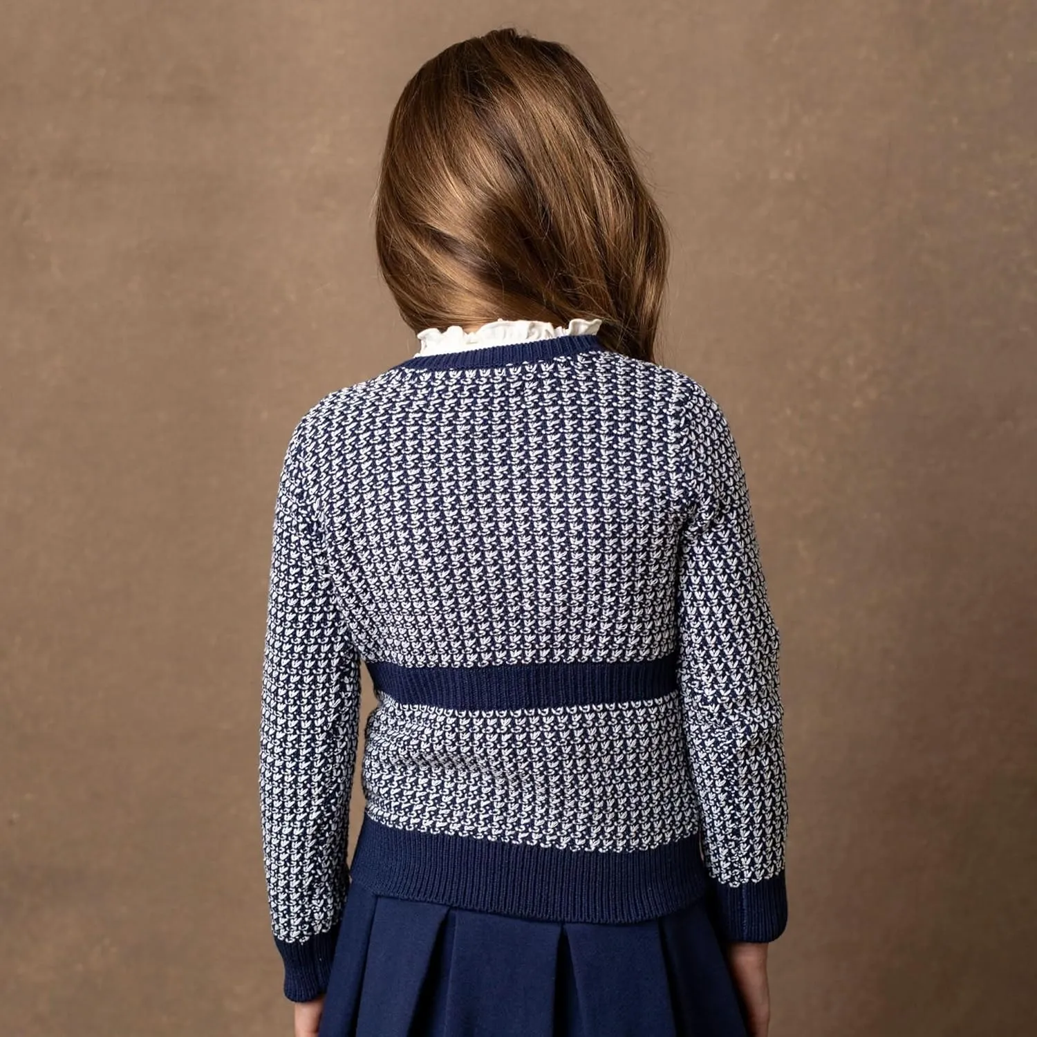 Hope & Henry Girls' Long Sleeve Fancy Cardigan Sweater with Stripe Trim
