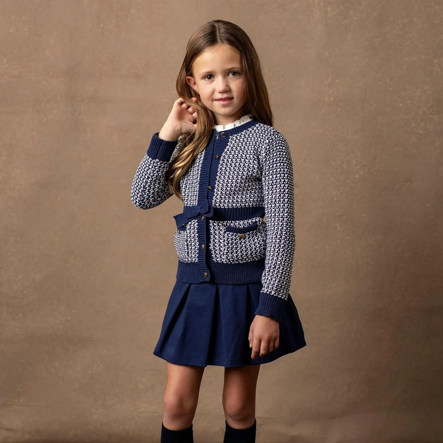 Hope & Henry Girls' Long Sleeve Fancy Cardigan Sweater with Stripe Trim