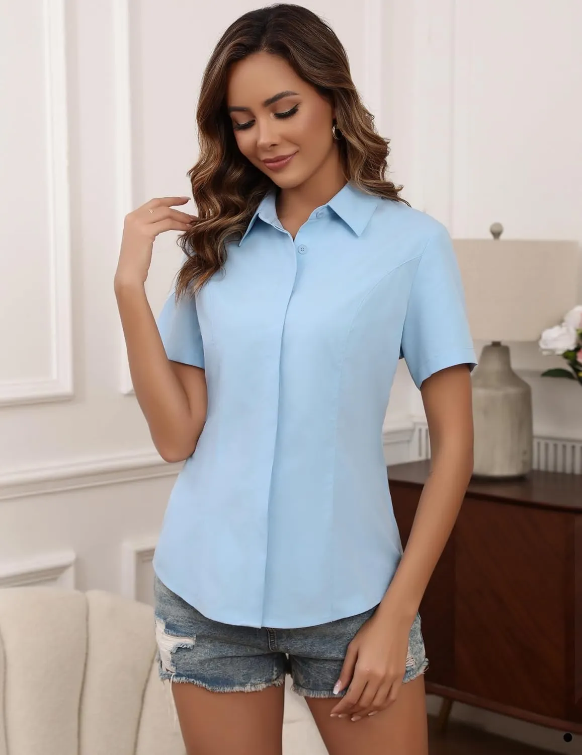 HOTOUCH Women Short Sleeve Button Down Shirts Business Work Fitted Collared Blouse Office Basic 2025 Summer Tops S-2XL