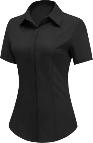 HOTOUCH Women Short Sleeve Button Down Shirts Business Work Fitted Collared Blouse Office Basic 2025 Summer Tops S-2XL