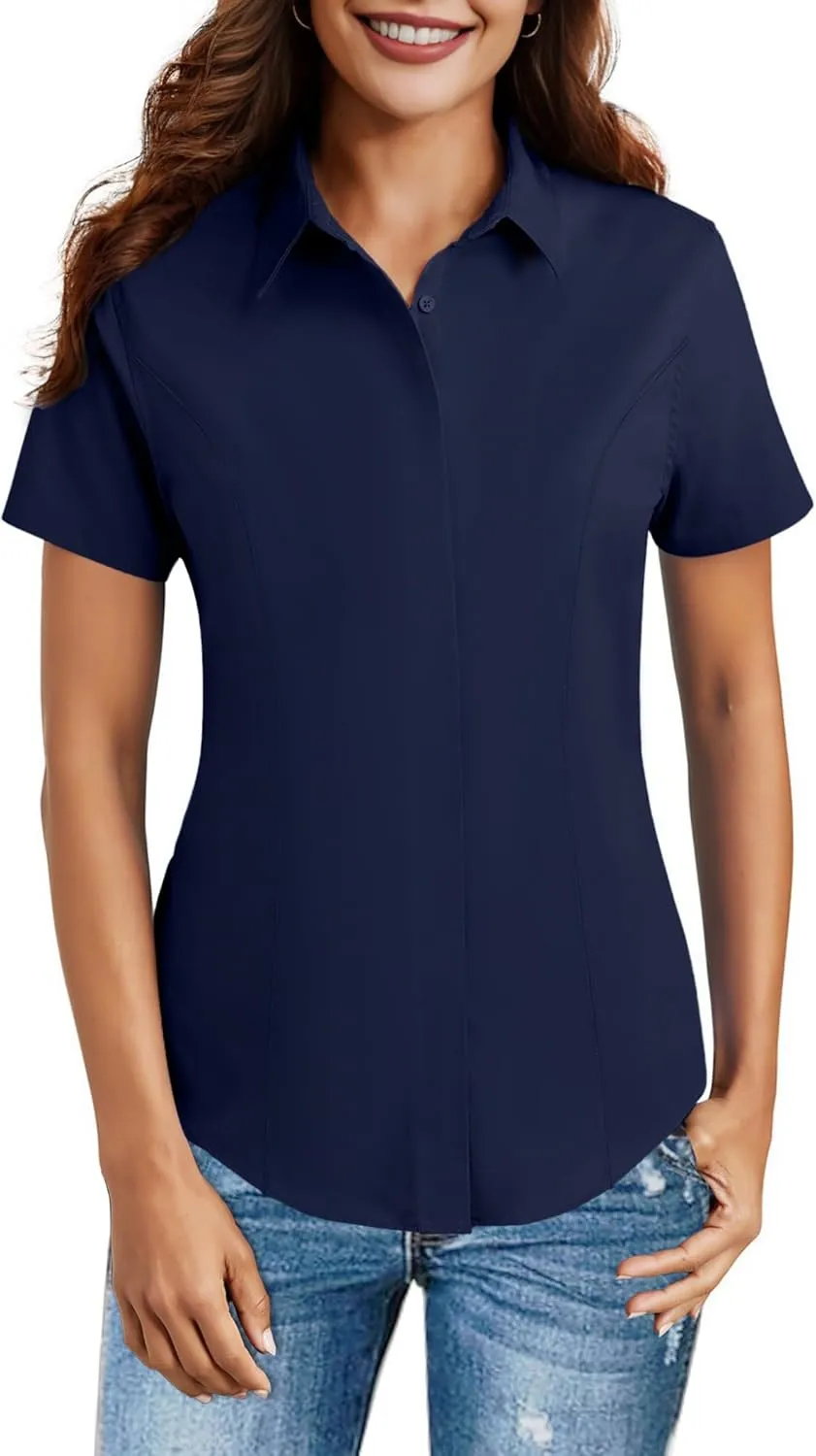 HOTOUCH Women Short Sleeve Button Down Shirts Business Work Fitted Collared Blouse Office Basic 2025 Summer Tops S-2XL