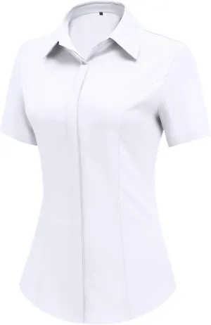 HOTOUCH Women Short Sleeve Button Down Shirts Business Work Fitted Collared Blouse Office Basic 2025 Summer Tops S-2XL
