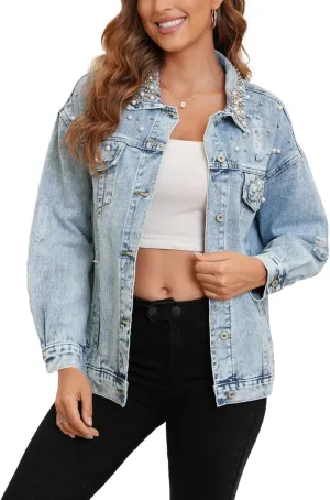 Kedera Jean Jacket Women Pearl Studded Oversized Distressed Denim Jackets Long Sleeves Lapel Denim Coats