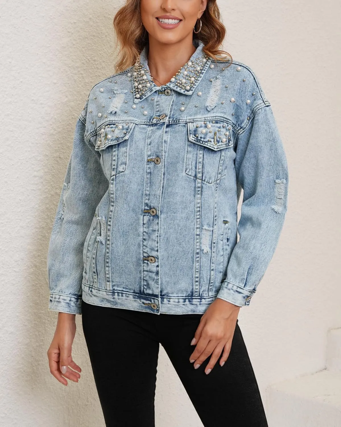 Kedera Jean Jacket Women Pearl Studded Oversized Distressed Denim Jackets Long Sleeves Lapel Denim Coats