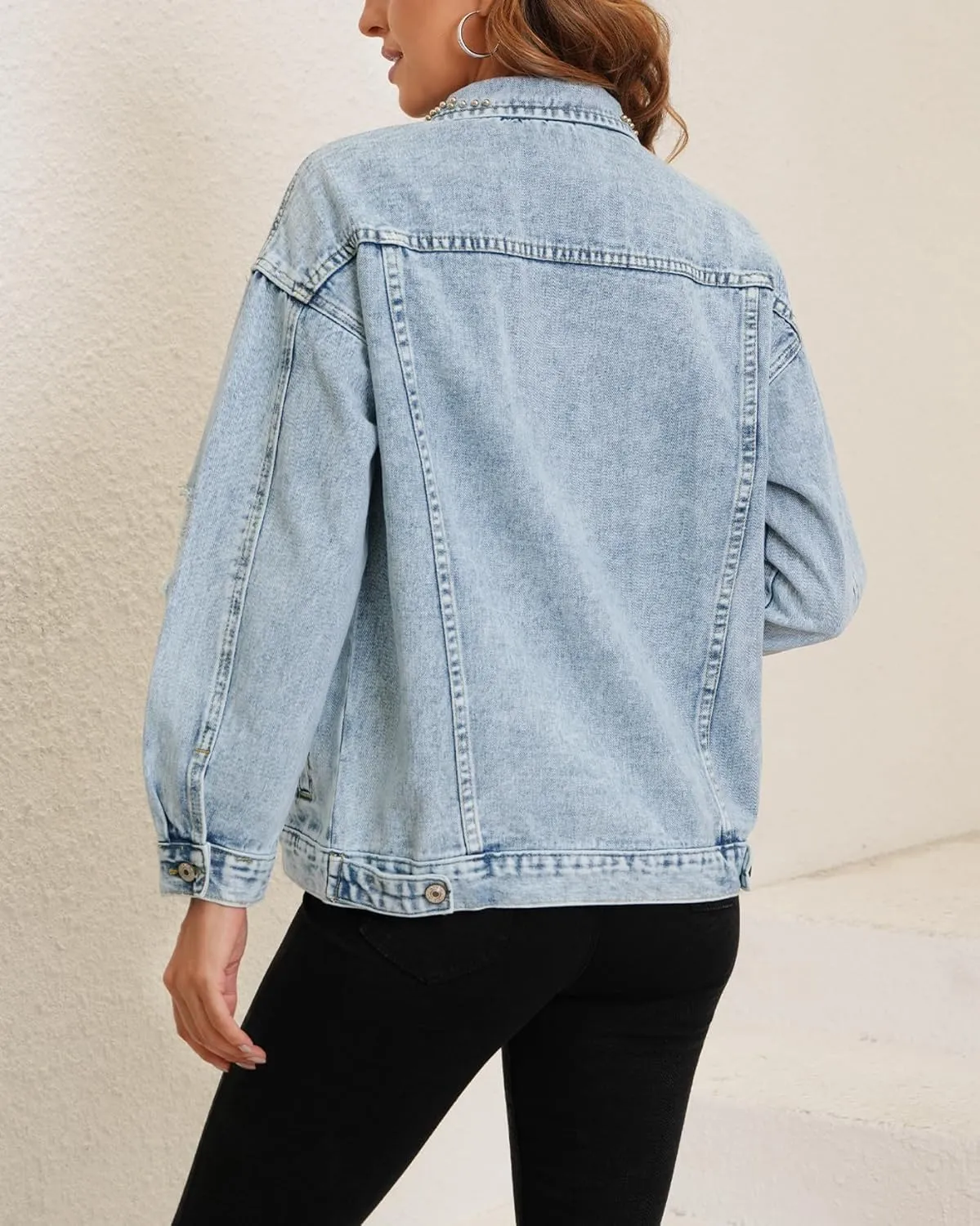 Kedera Jean Jacket Women Pearl Studded Oversized Distressed Denim Jackets Long Sleeves Lapel Denim Coats