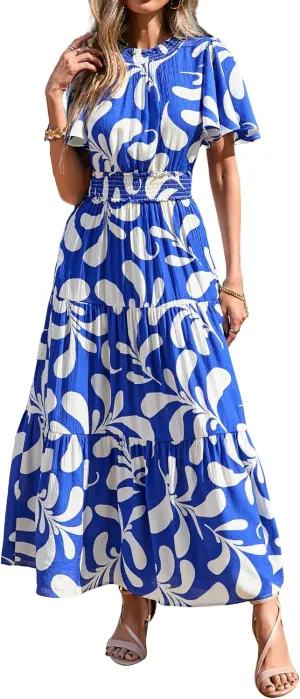 KIRUNDO Maxi Dresses for Women 2025 Floral Short Sleeve Spring Summer Smocked Waist Round Neck Flowy Beach Vacation Dress