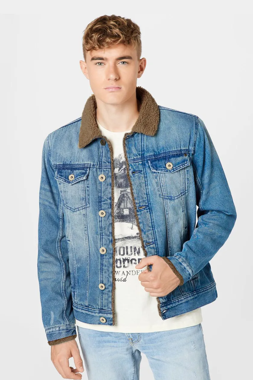 Light Blue Denim Jacket with Brown Sherpa Lining
