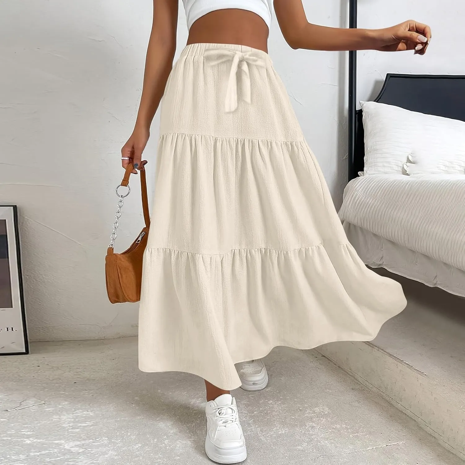 Linen Maxi Skirts for Women Casual Flowy Swing A-Line Skirt Bow Tie Elastic Waist Tiered Long Beach Dress