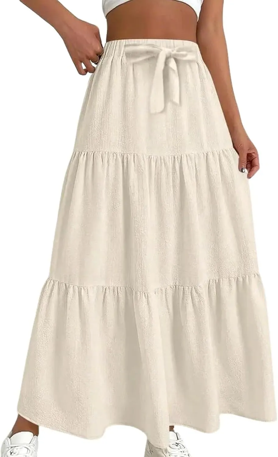 Linen Maxi Skirts for Women Casual Flowy Swing A-Line Skirt Bow Tie Elastic Waist Tiered Long Beach Dress