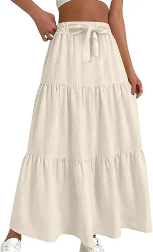 Linen Maxi Skirts for Women Casual Flowy Swing A-Line Skirt Bow Tie Elastic Waist Tiered Long Beach Dress