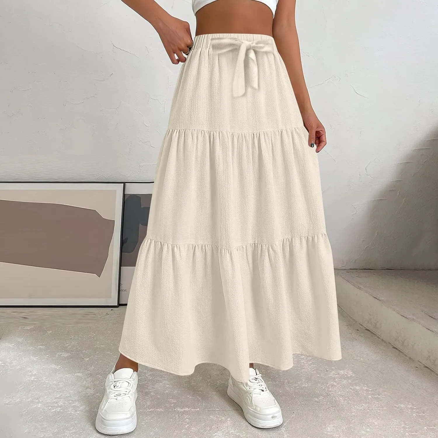 Linen Maxi Skirts for Women Casual Flowy Swing A-Line Skirt Bow Tie Elastic Waist Tiered Long Beach Dress