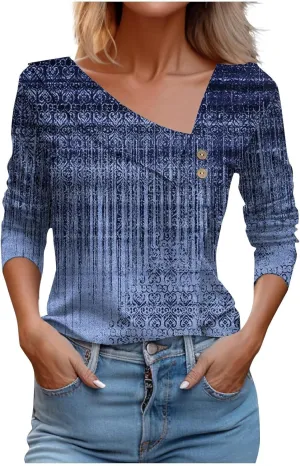 LRMQS Spring Tops for Women 2024 Trendy Casual Long Sleeve Asymmetric V Neck Button Blouses Dressy Woman Shirts Clothing