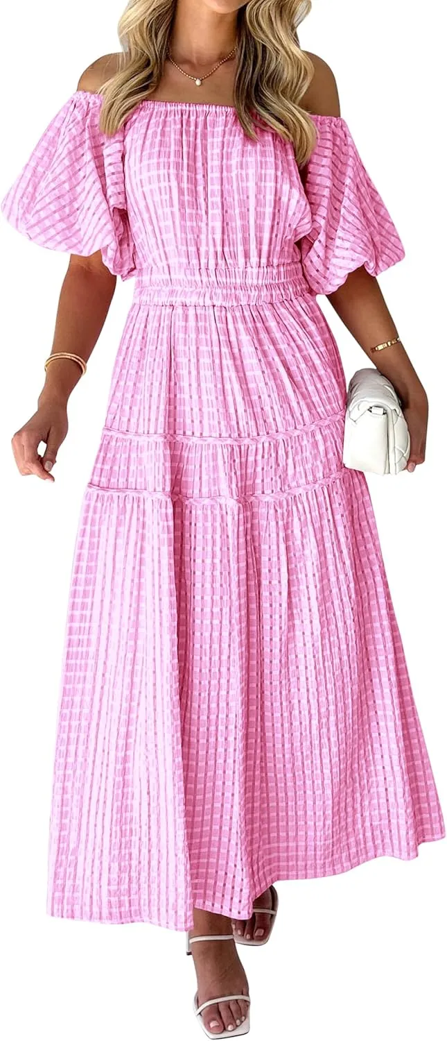MASCOMODA Off The Shoulder Flowy Maxi Dress for Women 2024 Summer Casual Puff Short Sleeve Smocked Ruffle Beach Long Dresses
