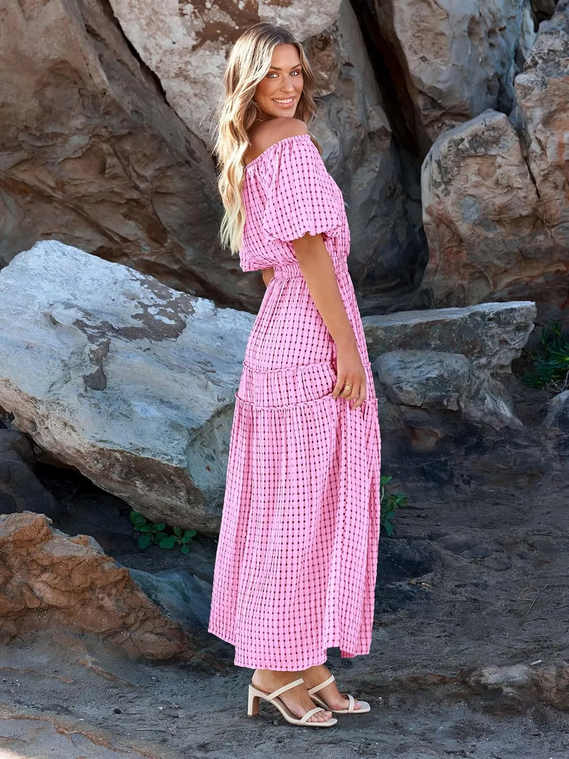 MASCOMODA Off The Shoulder Flowy Maxi Dress for Women 2024 Summer Casual Puff Short Sleeve Smocked Ruffle Beach Long Dresses