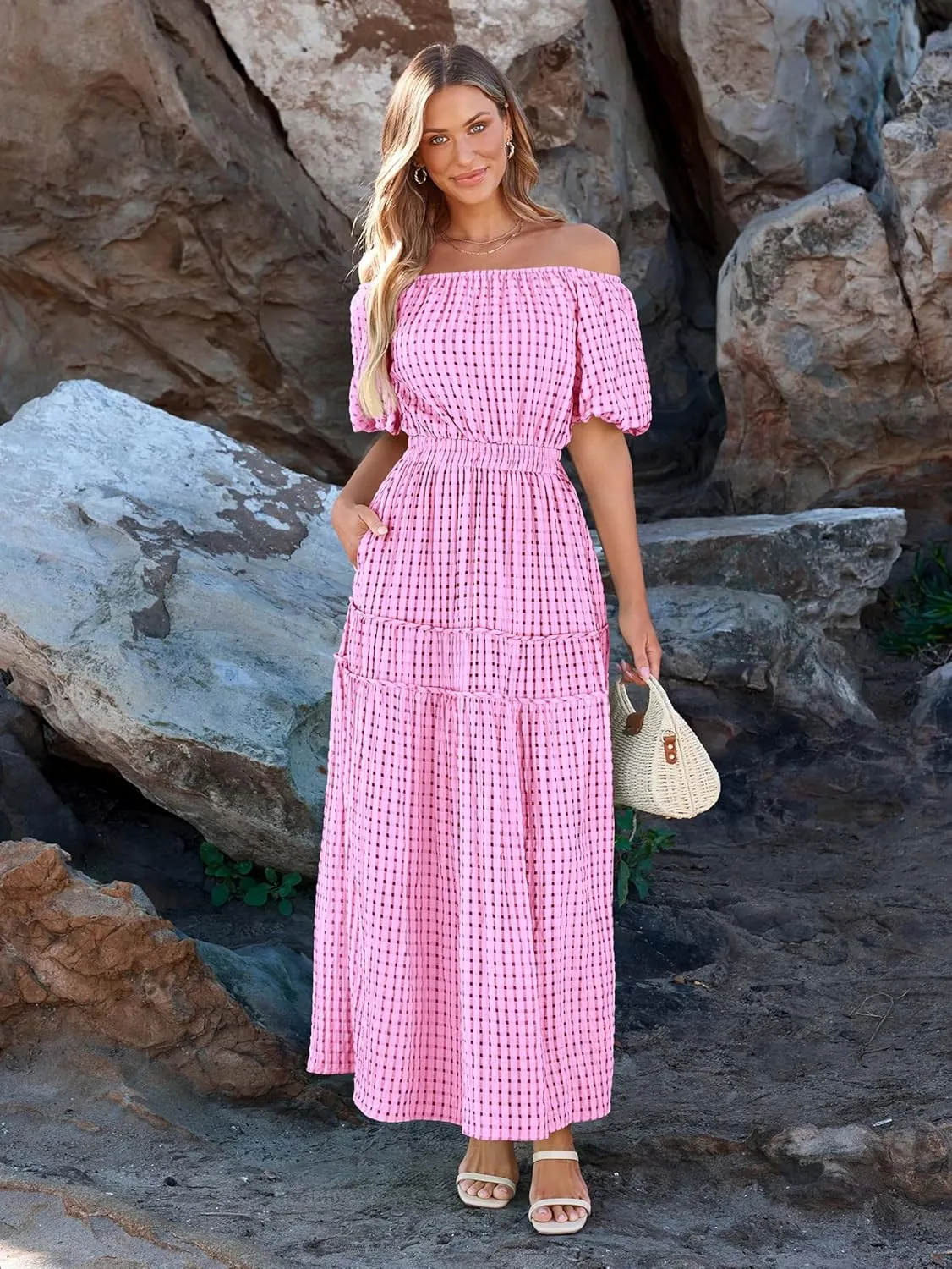 MASCOMODA Off The Shoulder Flowy Maxi Dress for Women 2024 Summer Casual Puff Short Sleeve Smocked Ruffle Beach Long Dresses