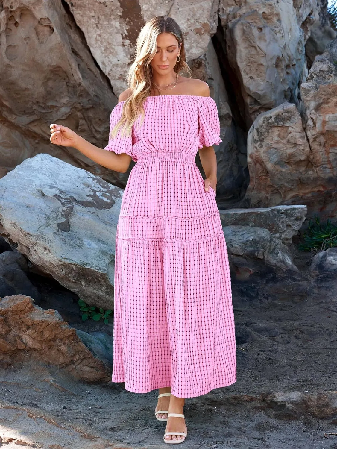 MASCOMODA Off The Shoulder Flowy Maxi Dress for Women 2024 Summer Casual Puff Short Sleeve Smocked Ruffle Beach Long Dresses