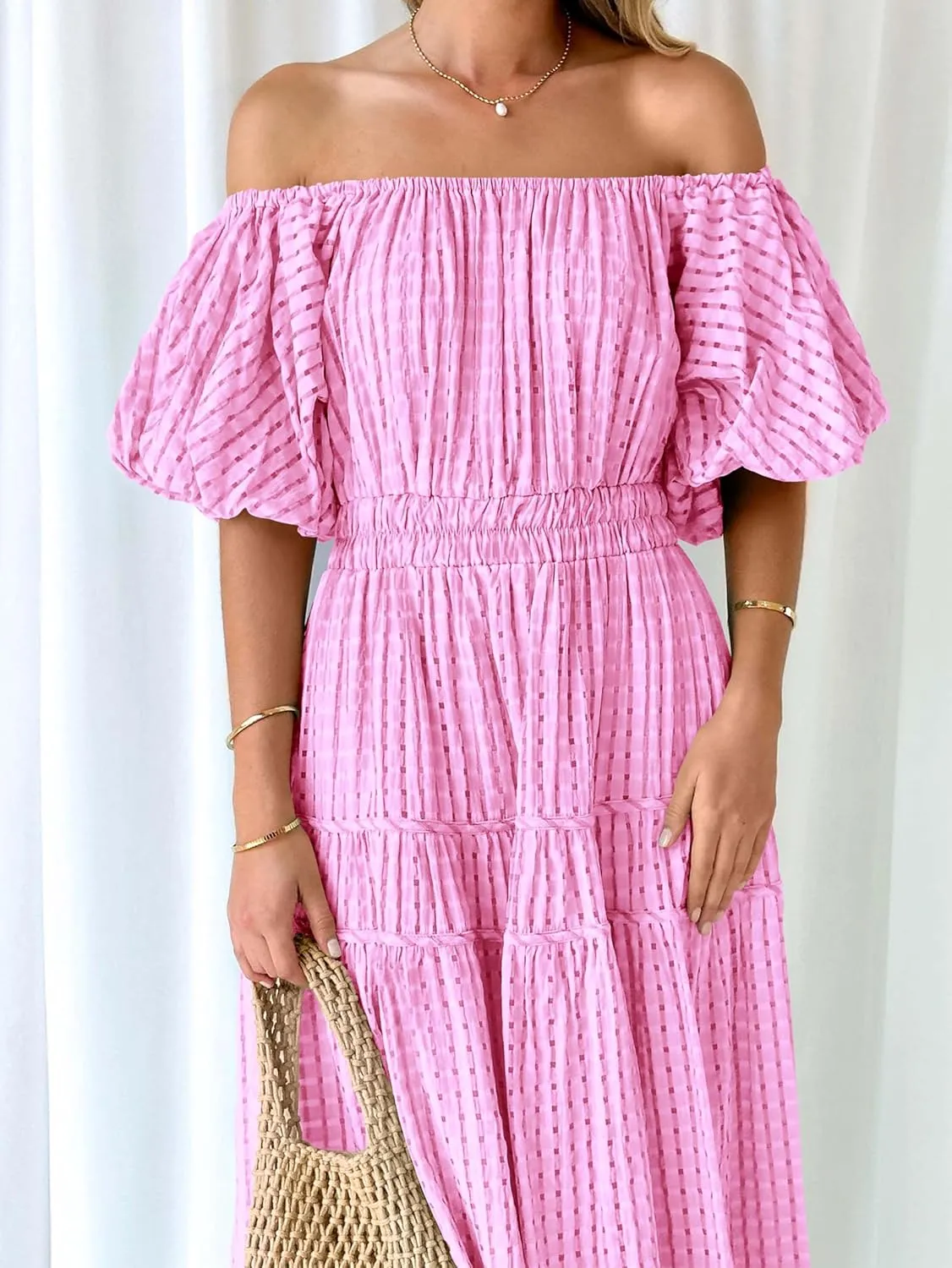 MASCOMODA Off The Shoulder Flowy Maxi Dress for Women 2024 Summer Casual Puff Short Sleeve Smocked Ruffle Beach Long Dresses