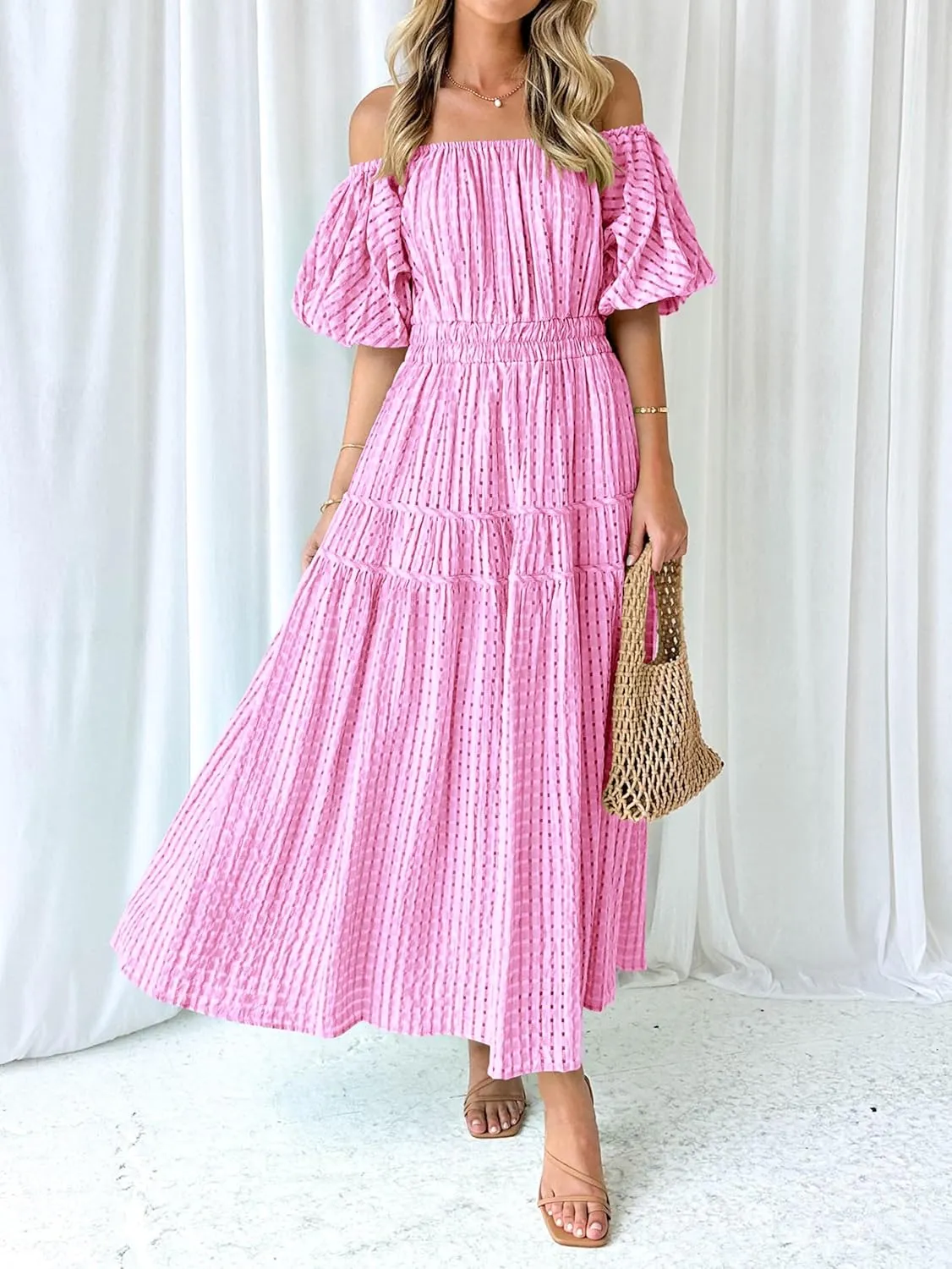 MASCOMODA Off The Shoulder Flowy Maxi Dress for Women 2024 Summer Casual Puff Short Sleeve Smocked Ruffle Beach Long Dresses