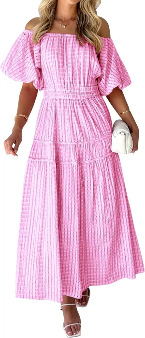 MASCOMODA Off The Shoulder Flowy Maxi Dress for Women 2024 Summer Casual Puff Short Sleeve Smocked Ruffle Beach Long Dresses