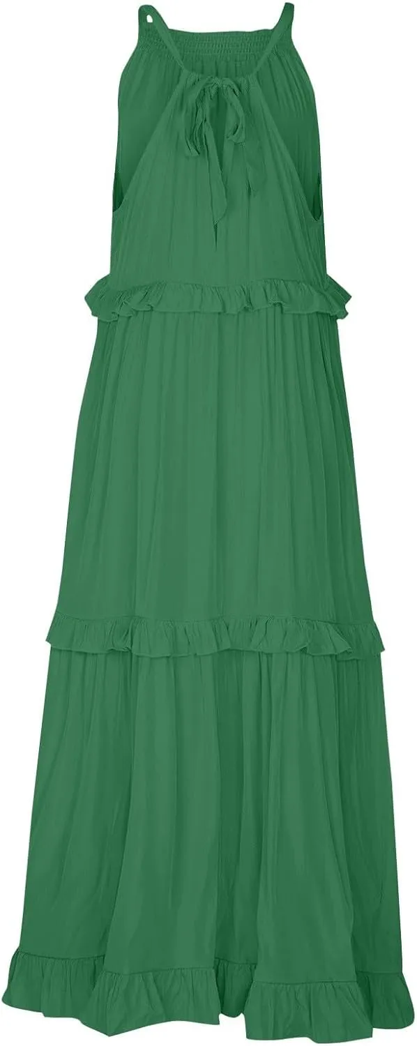 Maxi Dresses for Women 2025 Summer Sleeveless Halter Neck Tea Party Flowy Vacation Tiered Loose Long Dress