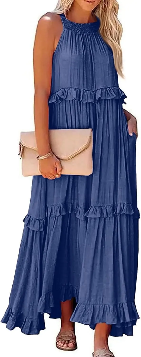 Maxi Dresses for Women 2025 Summer Smocked Ruffle Sundress Tiered Beach Dress Flowy Halter Sleeveless Long Dress