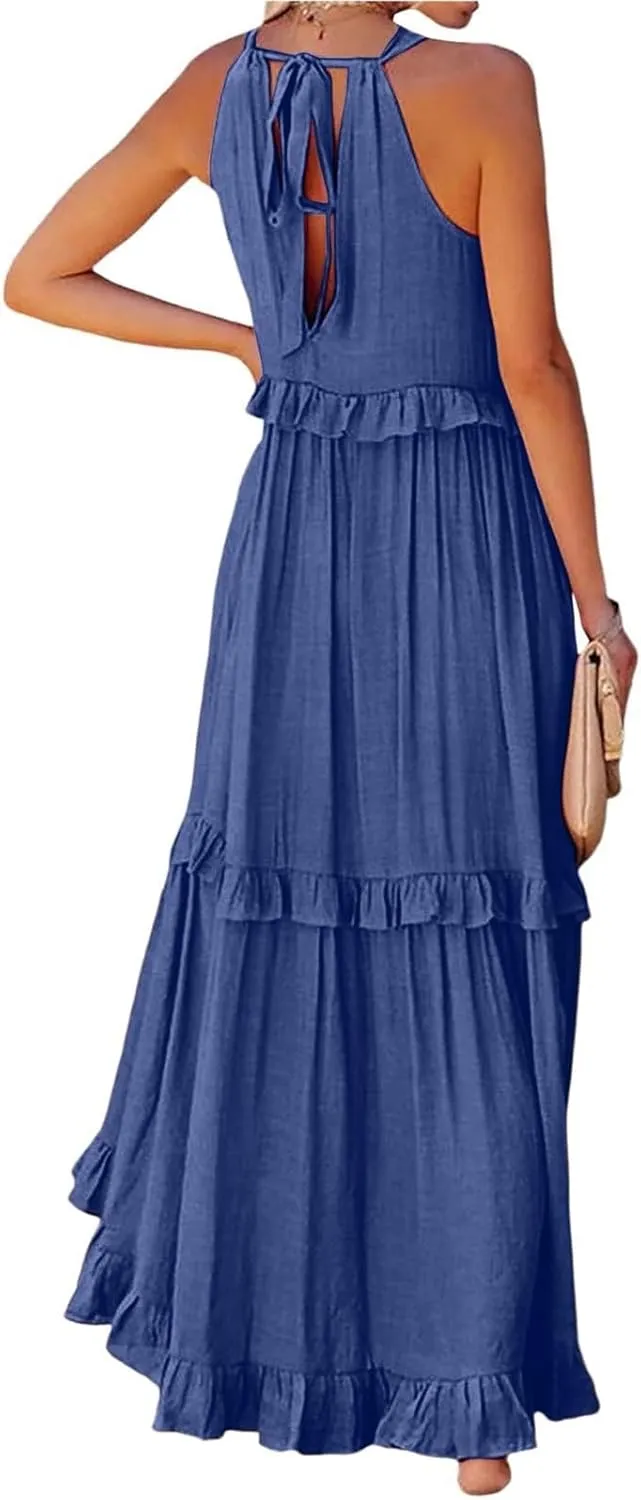 Maxi Dresses for Women 2025 Summer Smocked Ruffle Sundress Tiered Beach Dress Flowy Halter Sleeveless Long Dress