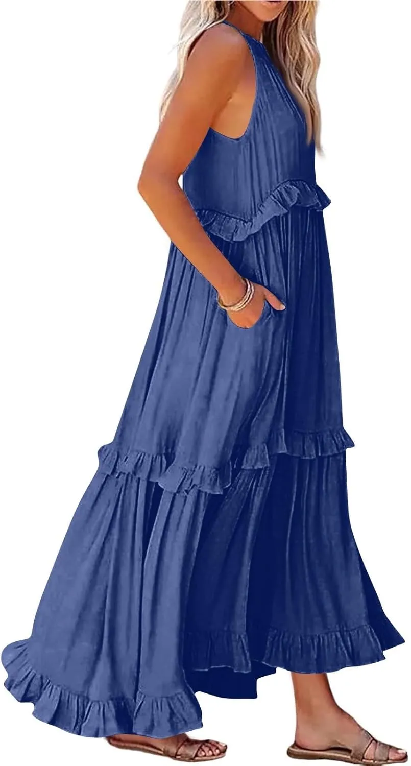 Maxi Dresses for Women 2025 Summer Smocked Ruffle Sundress Tiered Beach Dress Flowy Halter Sleeveless Long Dress