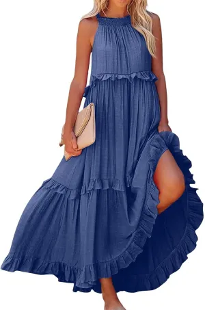 Maxi Dresses for Women 2025 Summer Smocked Ruffle Sundress Tiered Beach Dress Flowy Halter Sleeveless Long Dress