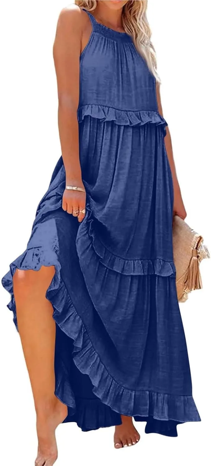 Maxi Dresses for Women 2025 Summer Smocked Ruffle Sundress Tiered Beach Dress Flowy Halter Sleeveless Long Dress