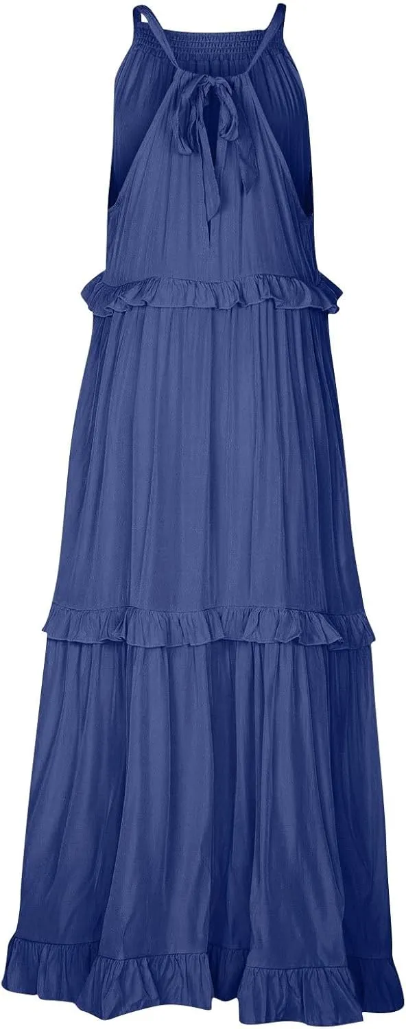 Maxi Dresses for Women 2025 Summer Smocked Ruffle Sundress Tiered Beach Dress Flowy Halter Sleeveless Long Dress