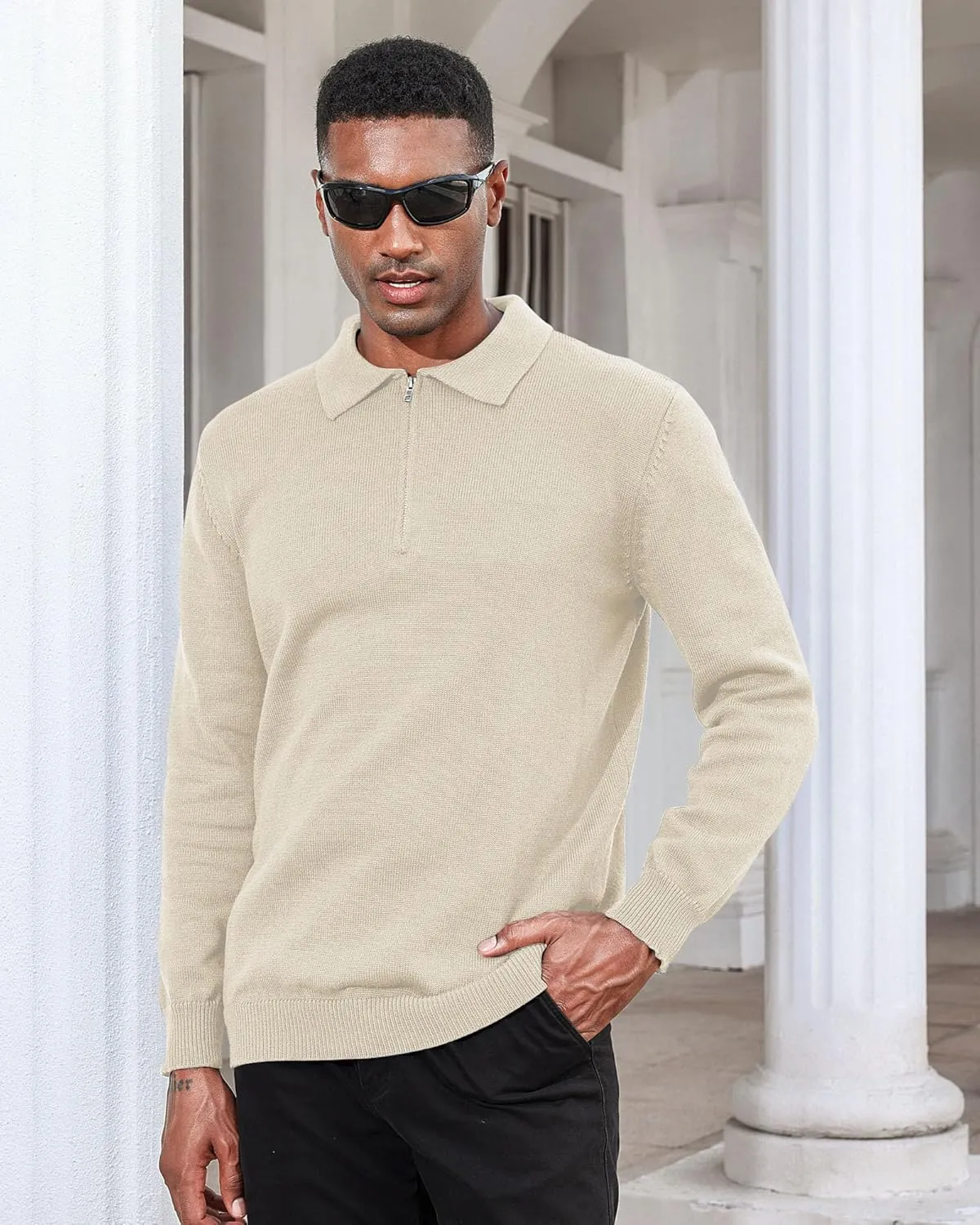 Men's Casual Knit Polo Sweater Classic Long Sleeve Thermal Basic Zip Collar Shirts