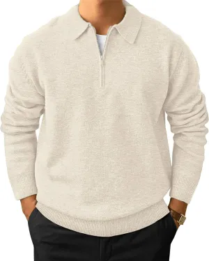 Men's Casual Knit Polo Sweater Classic Long Sleeve Thermal Basic Zip Collar Shirts