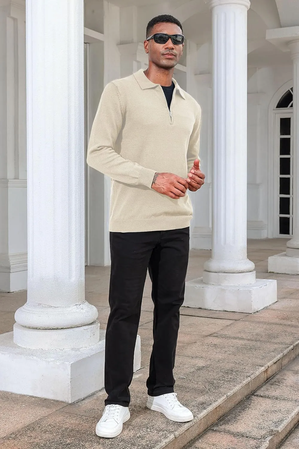 Men's Casual Knit Polo Sweater Classic Long Sleeve Thermal Basic Zip Collar Shirts