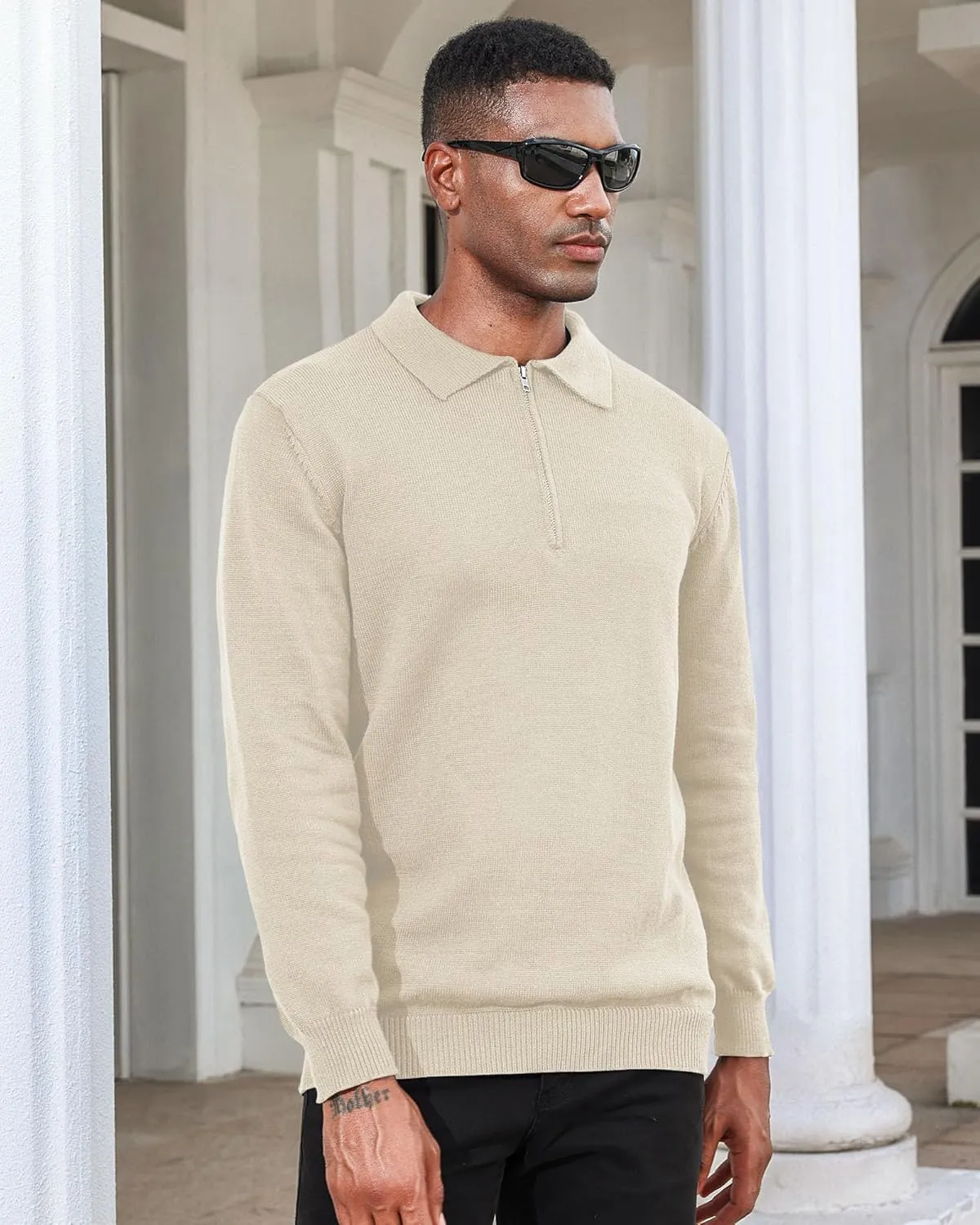 Men's Casual Knit Polo Sweater Classic Long Sleeve Thermal Basic Zip Collar Shirts