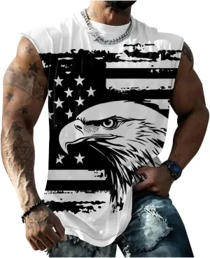 Mens Cotton Muscle Tank Tops American Flag Sleeveless Shirt Tops Oversized Sport Workout Crewneck Summer Top