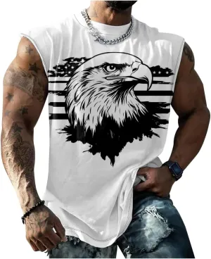 Mens Cotton Muscle Tank Tops American Flag Sleeveless Shirt Tops Oversized Sport Workout Crewneck Summer Top