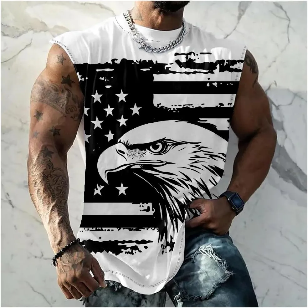Mens Cotton Muscle Tank Tops American Flag Sleeveless Shirt Tops Oversized Sport Workout Crewneck Summer Top