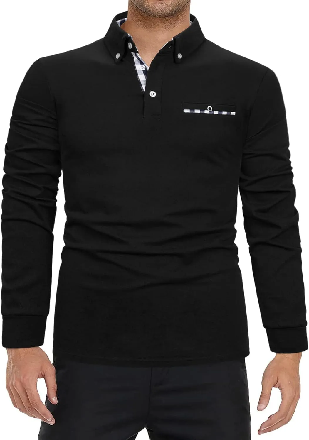 Mens Polo Shirts Long Sleeve Casual Plaid Collar Golf Shirt for Men Slim Fit Cotton Polo T Shirts Top