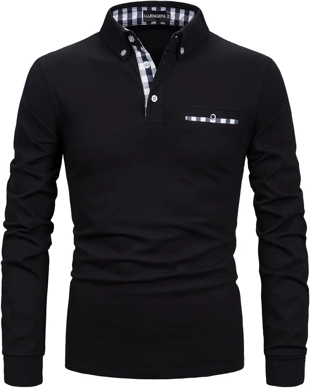 Mens Polo Shirts Long Sleeve Casual Plaid Collar Golf Shirt for Men Slim Fit Cotton Polo T Shirts Top