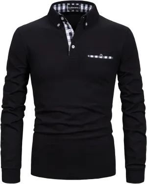 Mens Polo Shirts Long Sleeve Casual Plaid Collar Golf Shirt for Men Slim Fit Cotton Polo T Shirts Top