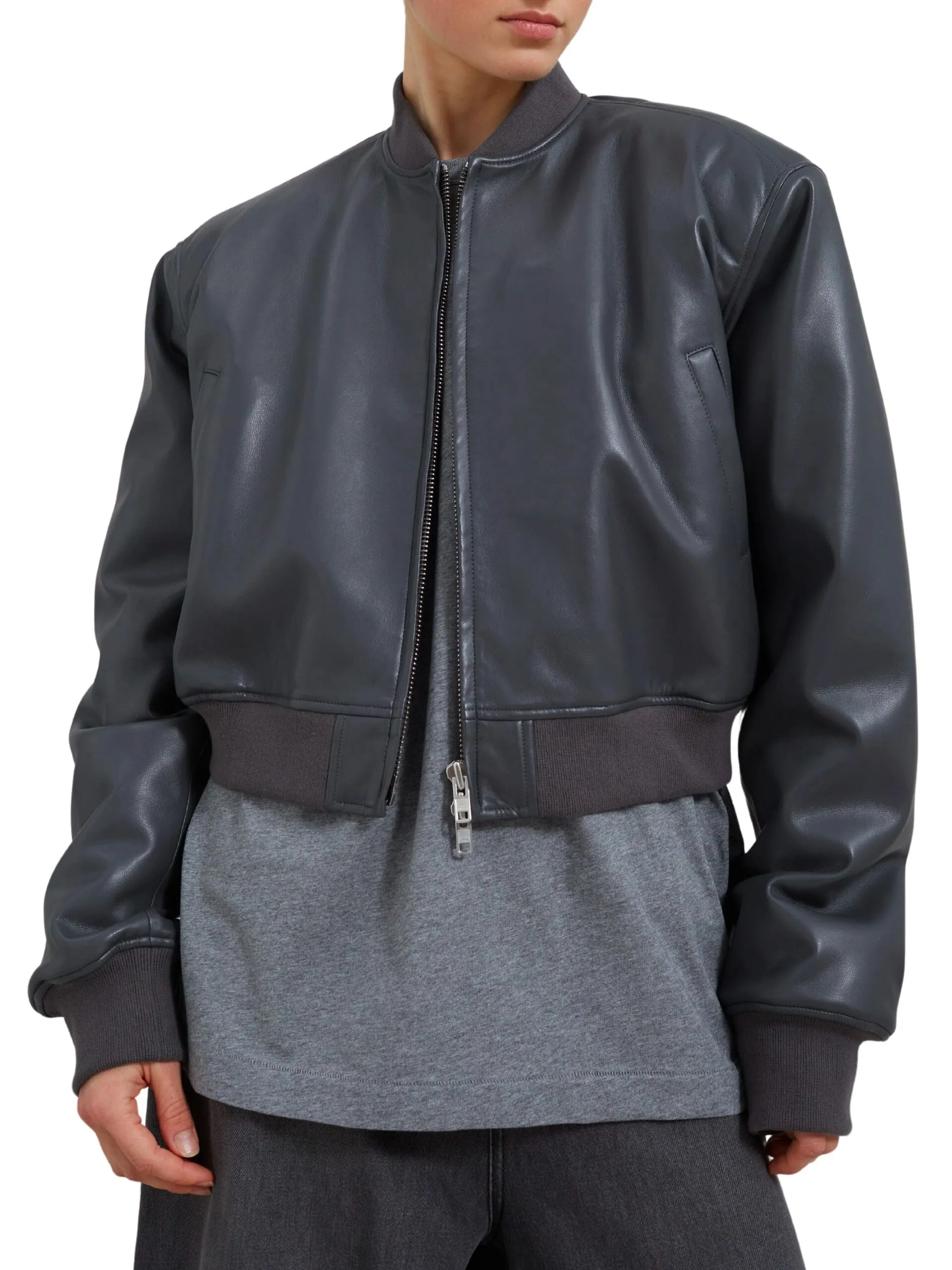 Micky Faux Leather Cropped Bomber / Grey