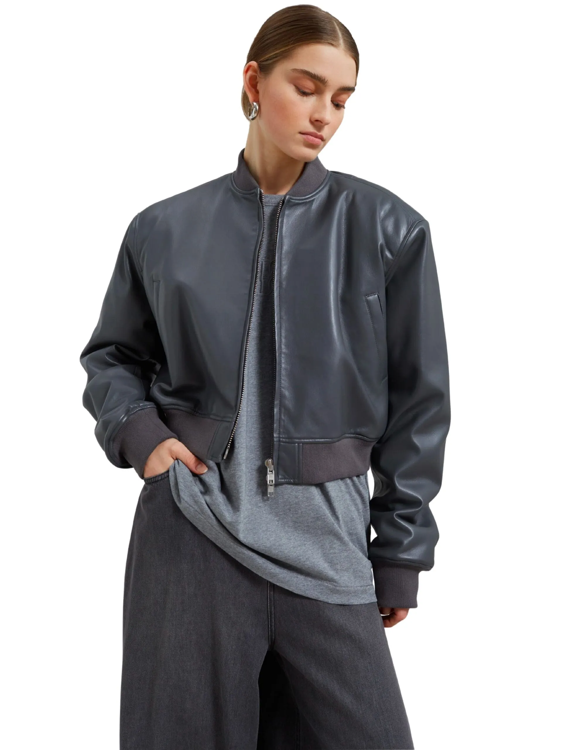 Micky Faux Leather Cropped Bomber / Grey