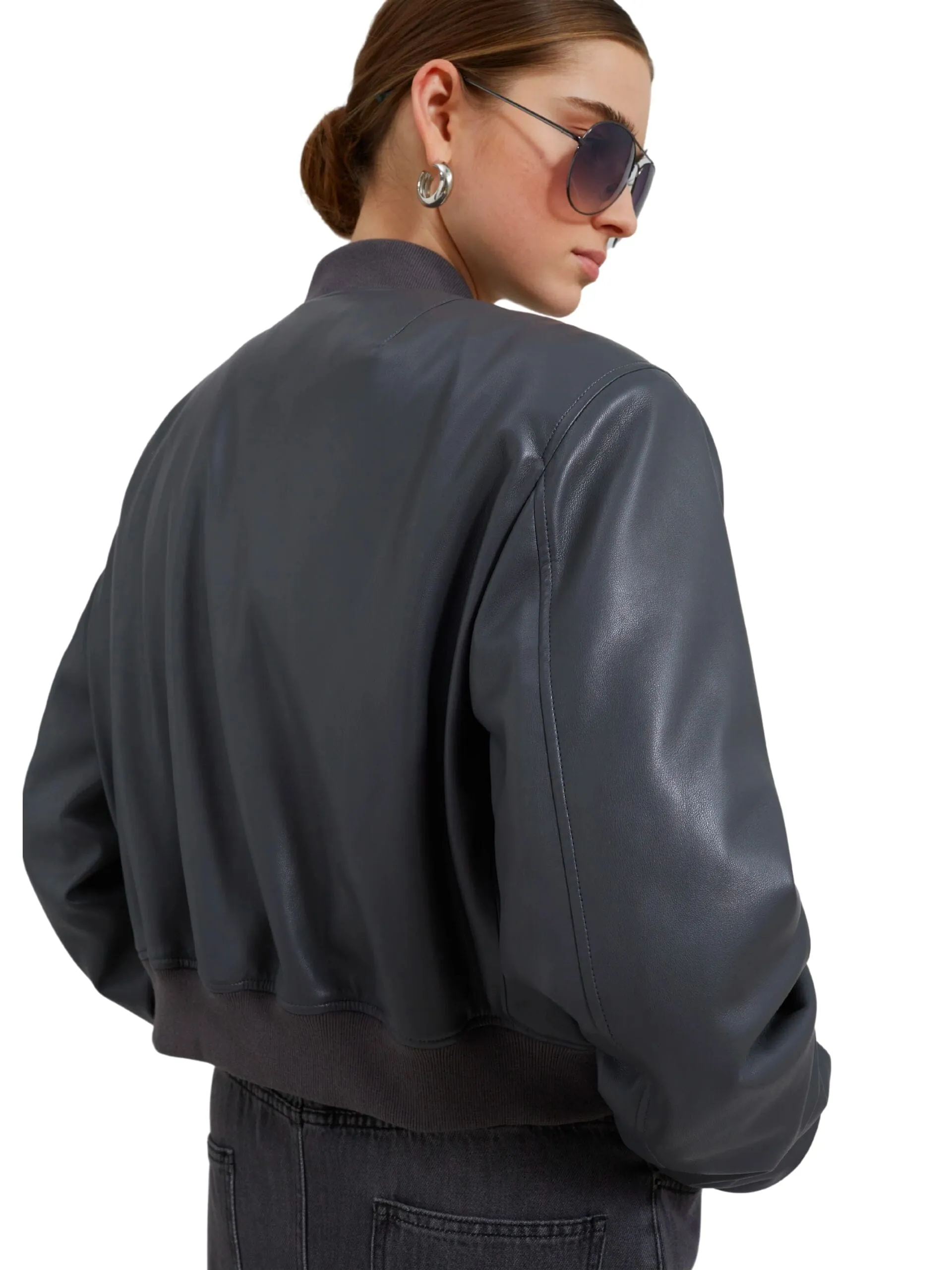 Micky Faux Leather Cropped Bomber / Grey