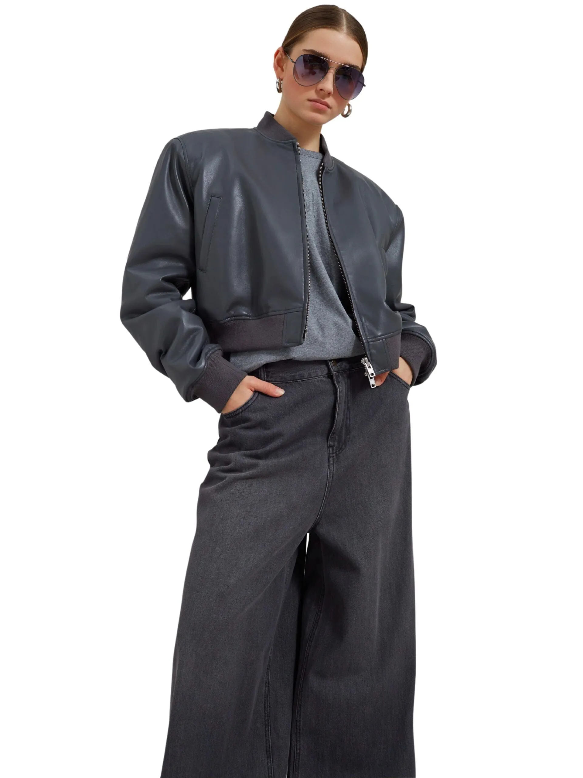 Micky Faux Leather Cropped Bomber / Grey