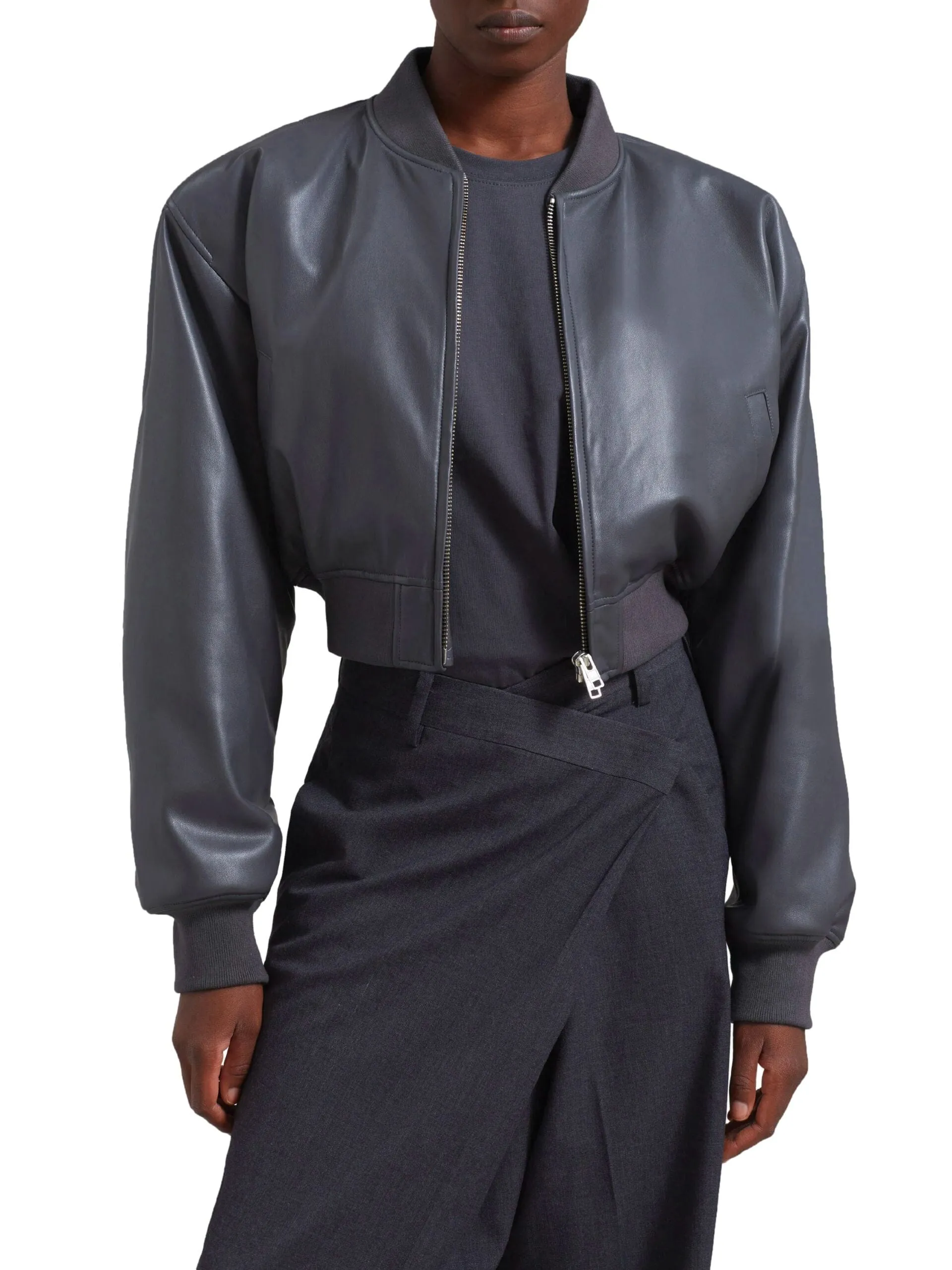Micky Faux Leather Cropped Bomber / Grey