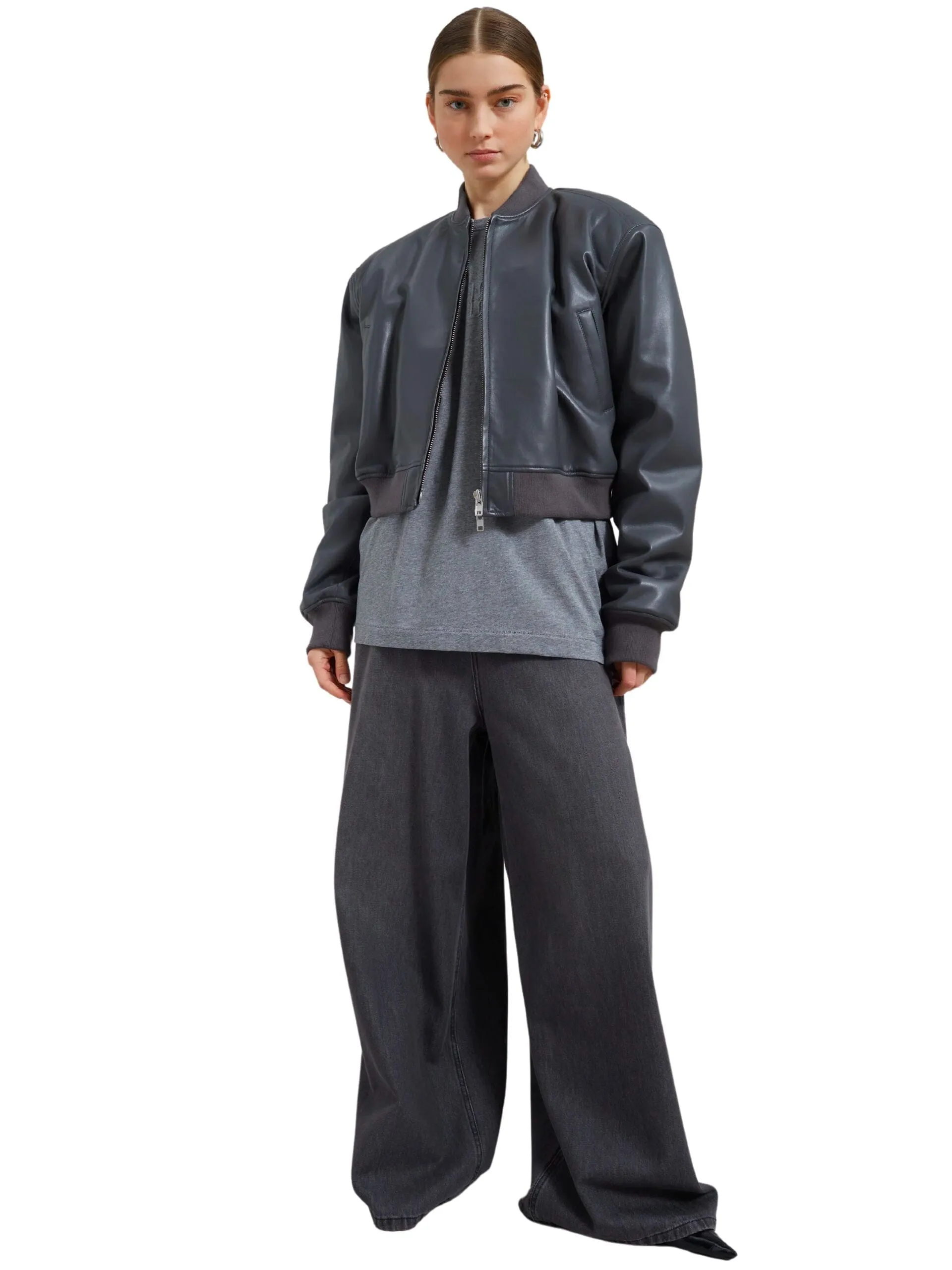 Micky Faux Leather Cropped Bomber / Grey