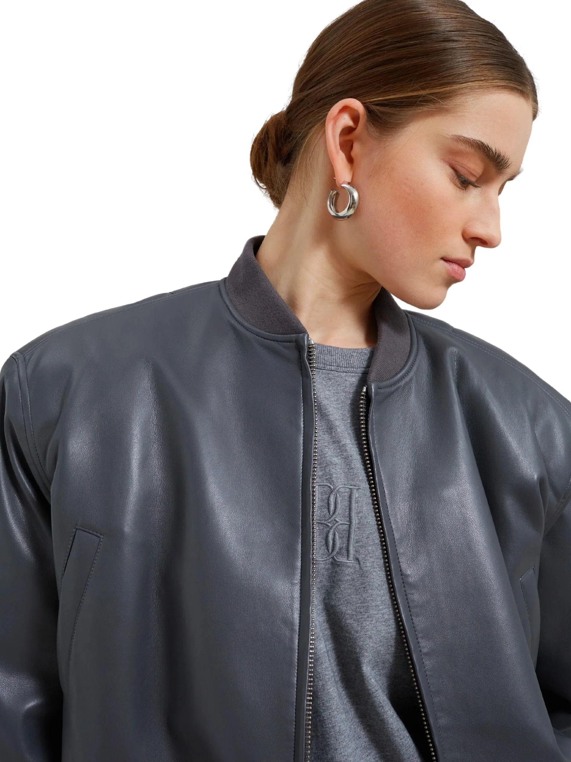 Micky Faux Leather Cropped Bomber / Grey